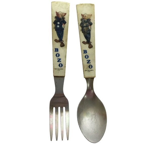 VTG BOZO The Clown Child's Spoon Fork Plastic Handles 1950s Capital Records Inc - Picture 1 of 4